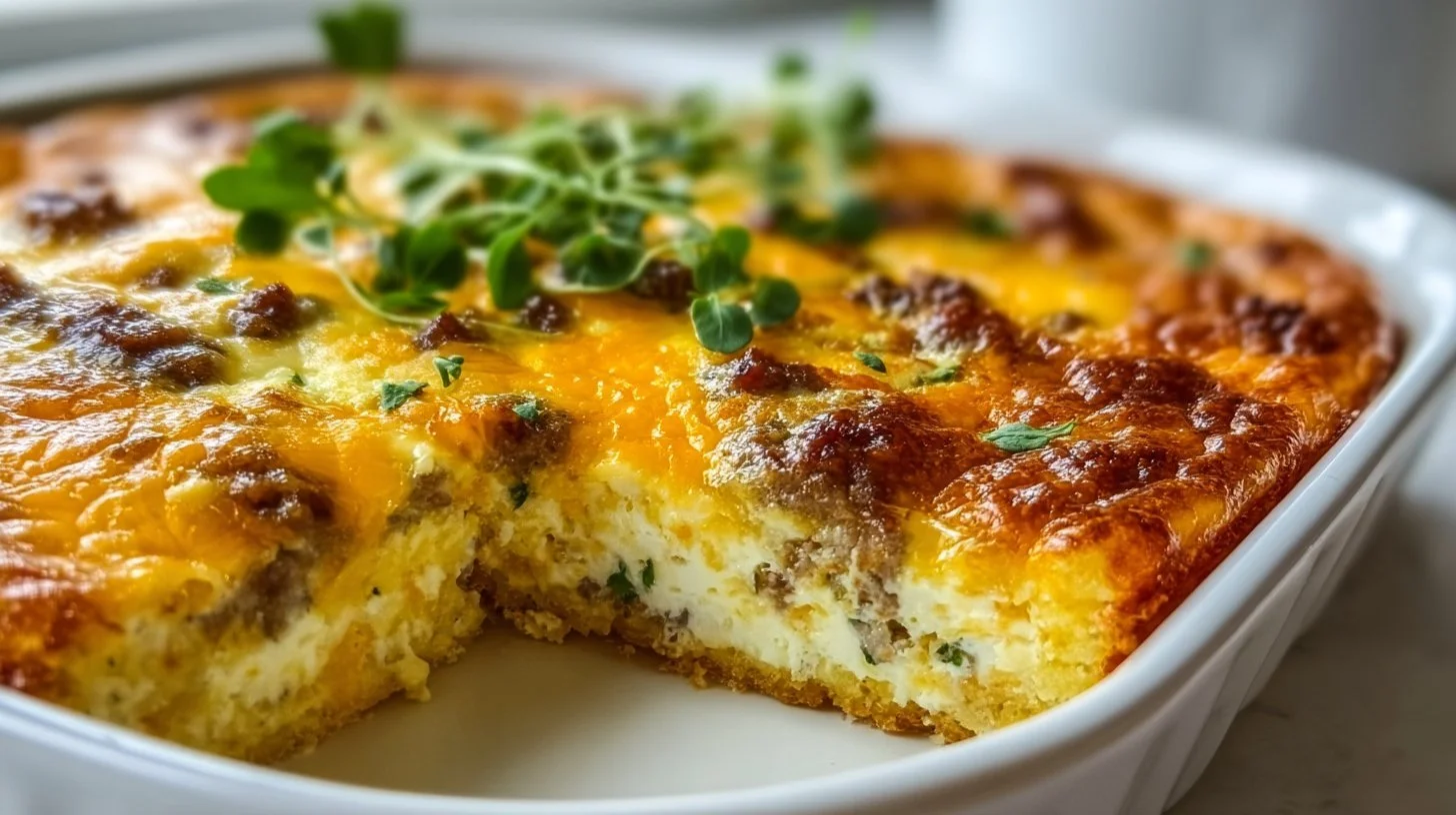 Savory keto-friendly breakfast casserole baked and served in a dish