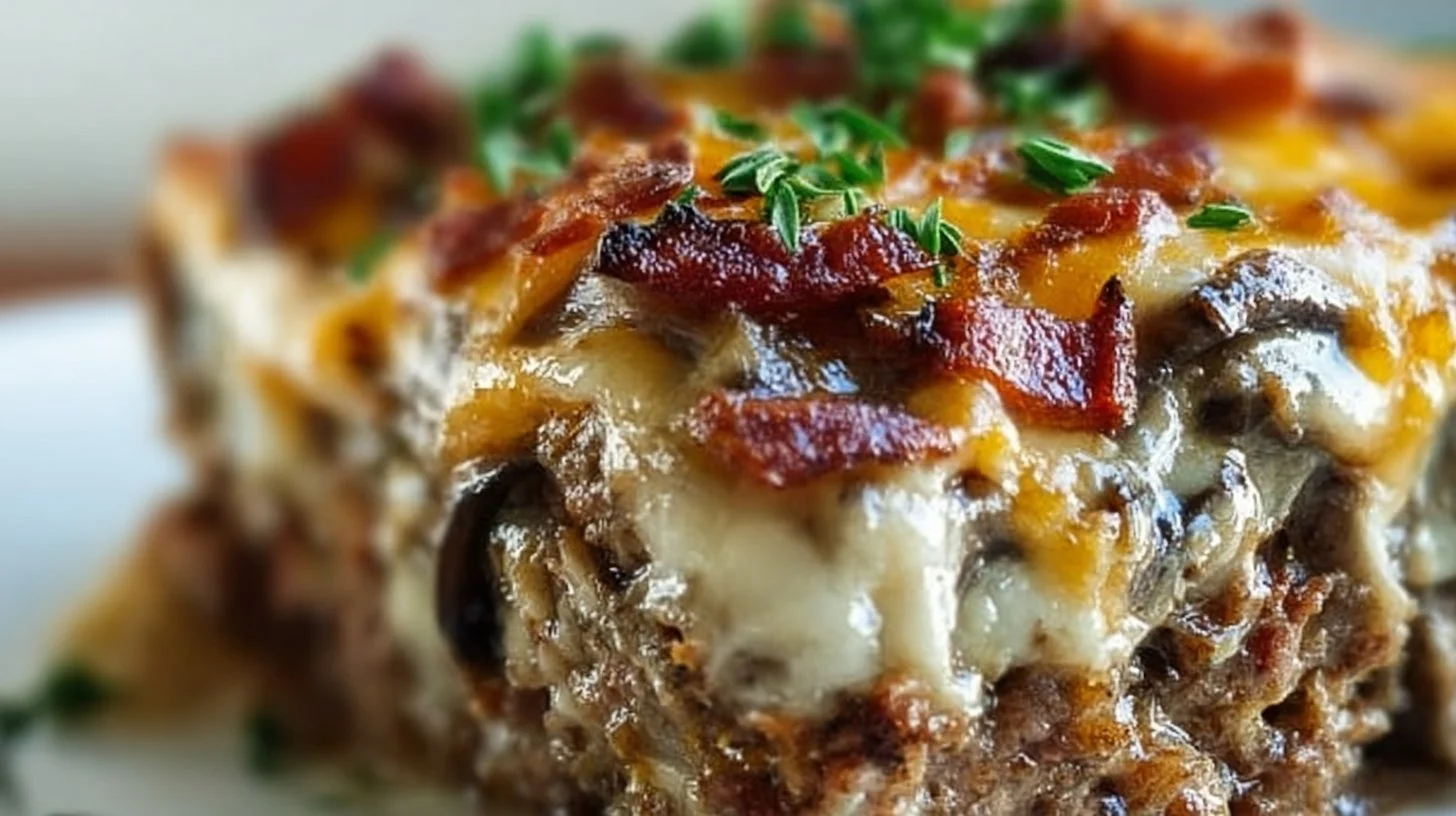 Bacon Swiss Meatloaf Casserole served on a plate for a family dinner