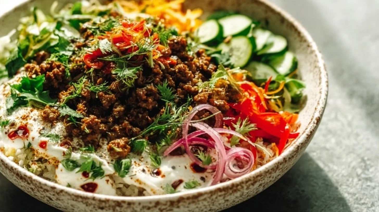 Savory ground beef shawarma bowls served with fresh vegetables and toppings.