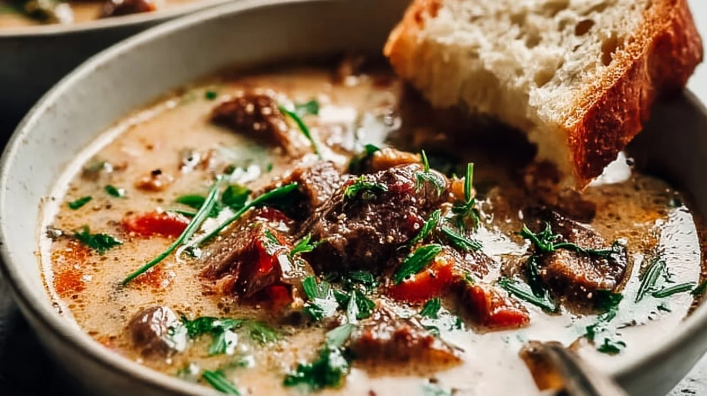 Delicious bowl of Philly Cheesesteak Soup garnished with fresh herbs