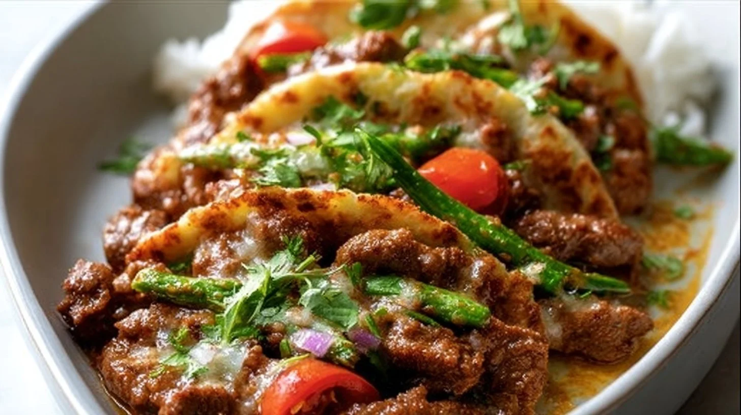 Savory spiced beef and chicken dish with fresh vegetables