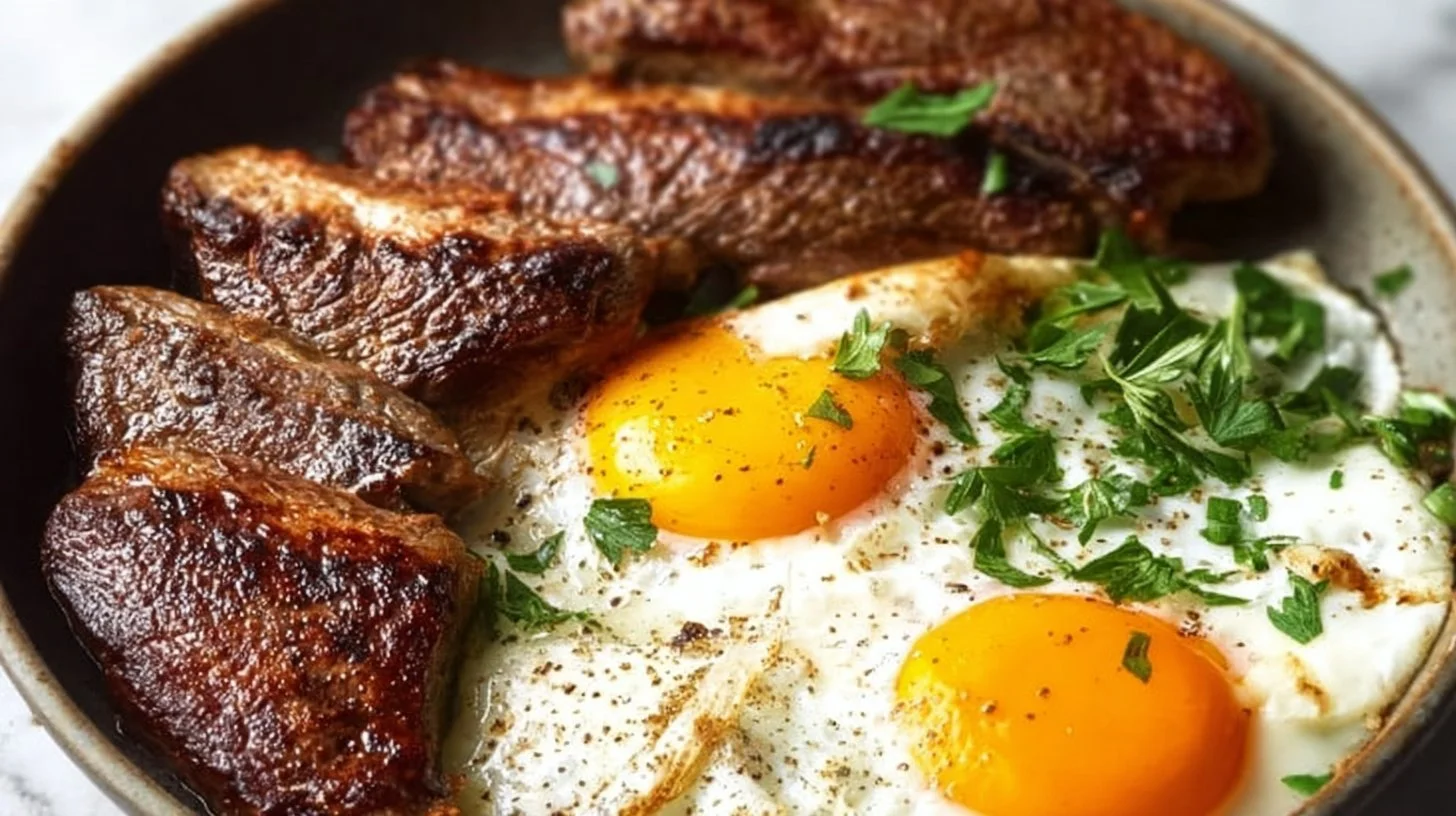 Delicious steak and eggs served on a plate for a hearty breakfast