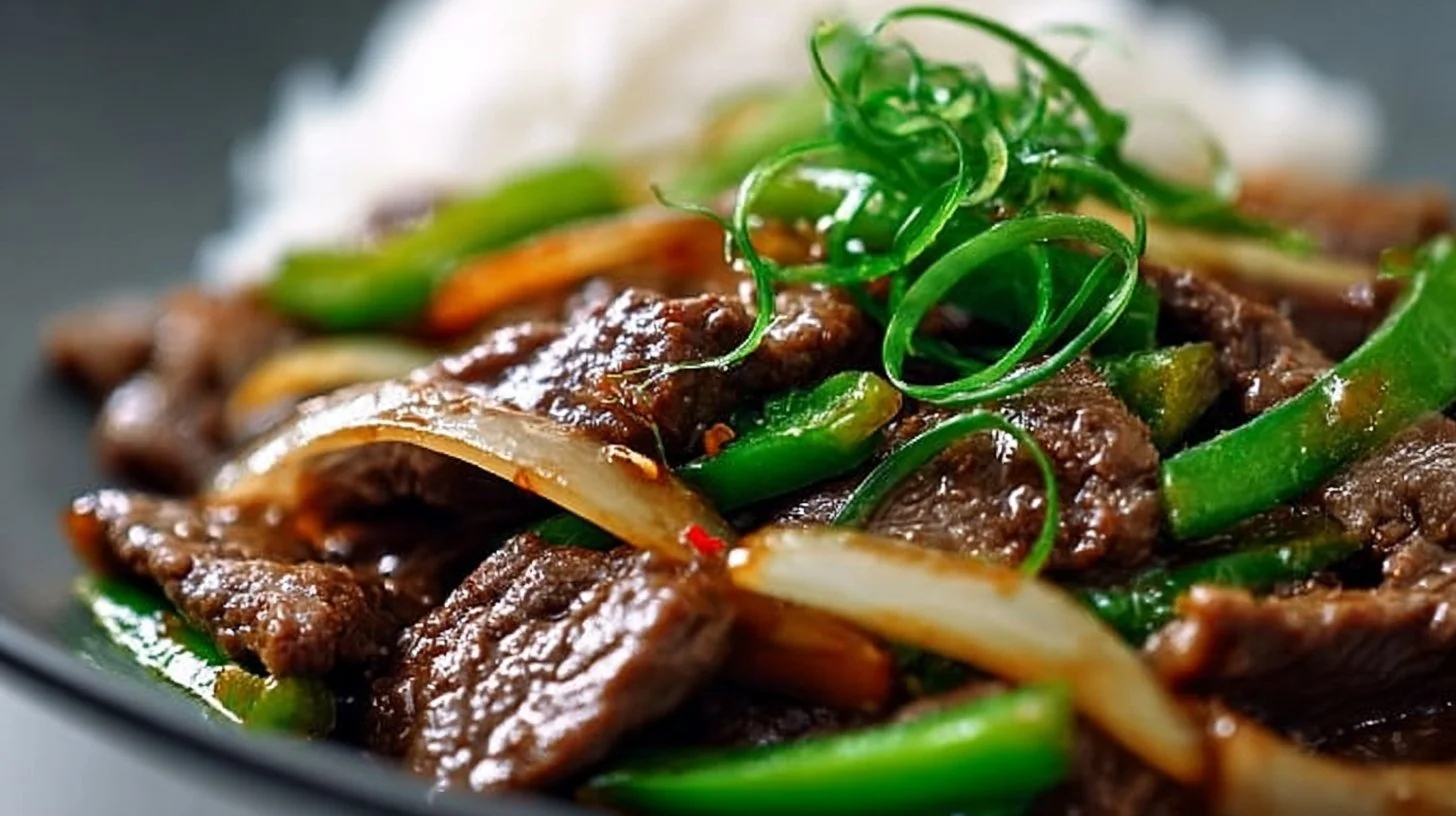 Sizzling Chinese pepper steak with onions served on a plate