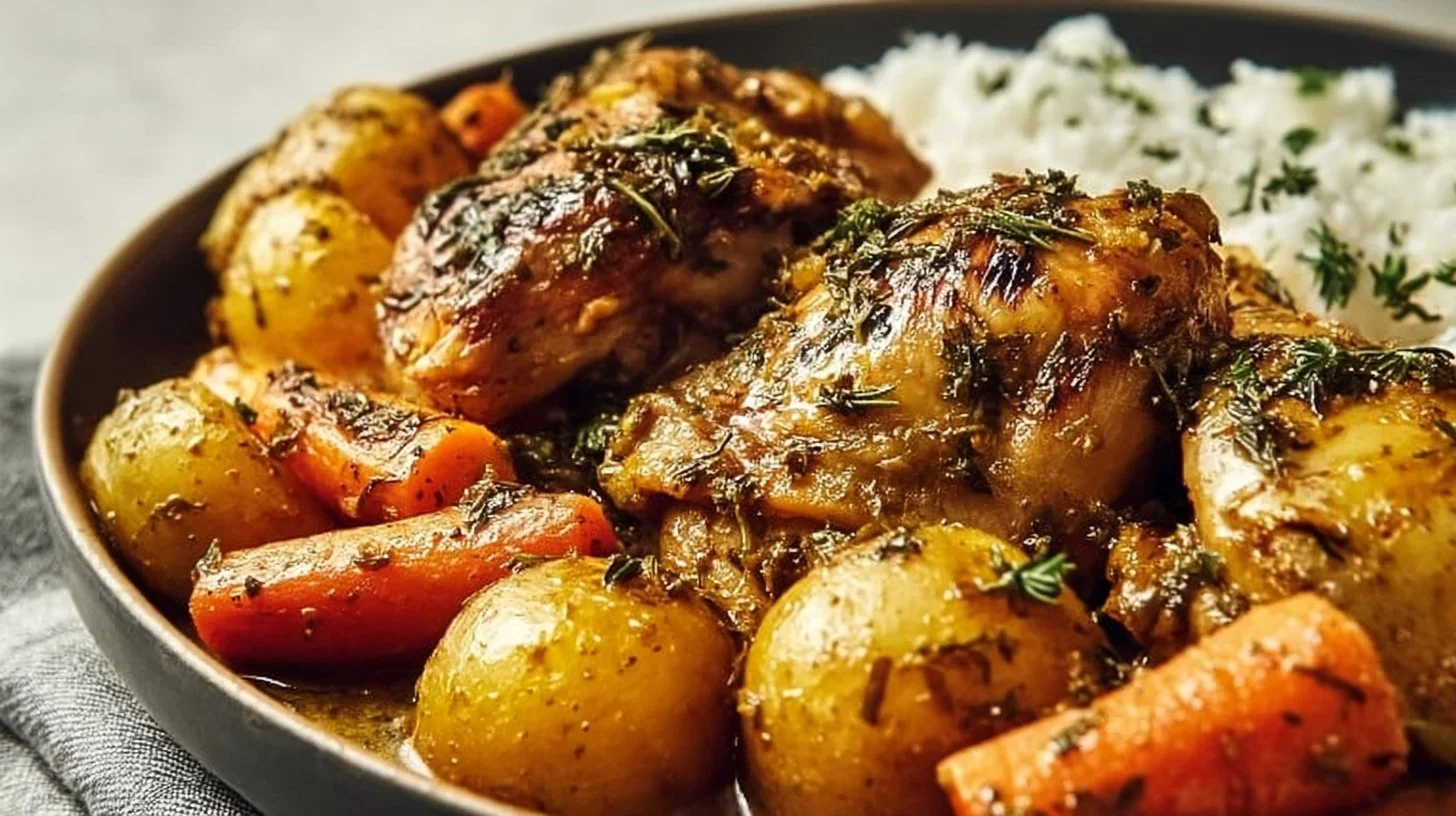 Slow-cooked garlic butter chicken served with potatoes and carrots