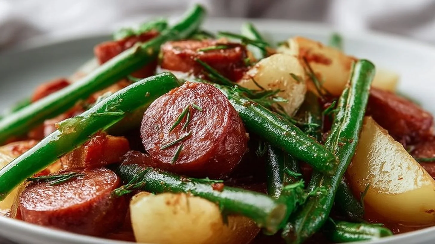 Slow-cooked kielbasa with green beans and potatoes served in a bowl.