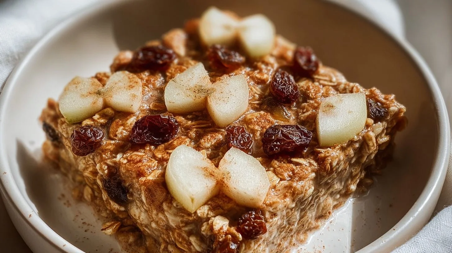 Baked oatmeal with spiced apples and raisins served in a bowl