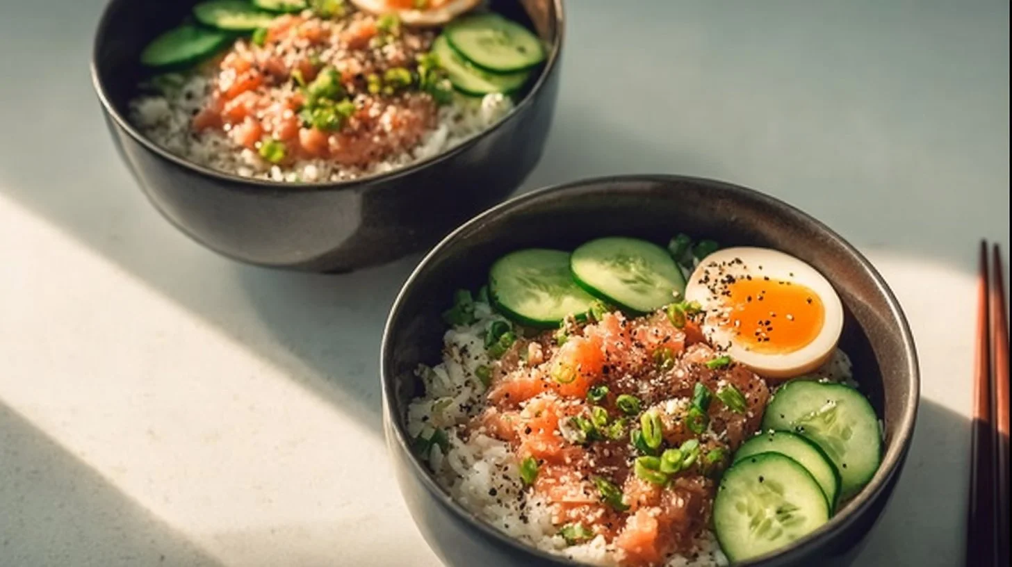 Delicious Spicy Tuna Bowls served with cauliflower rice for a healthy meal prep.