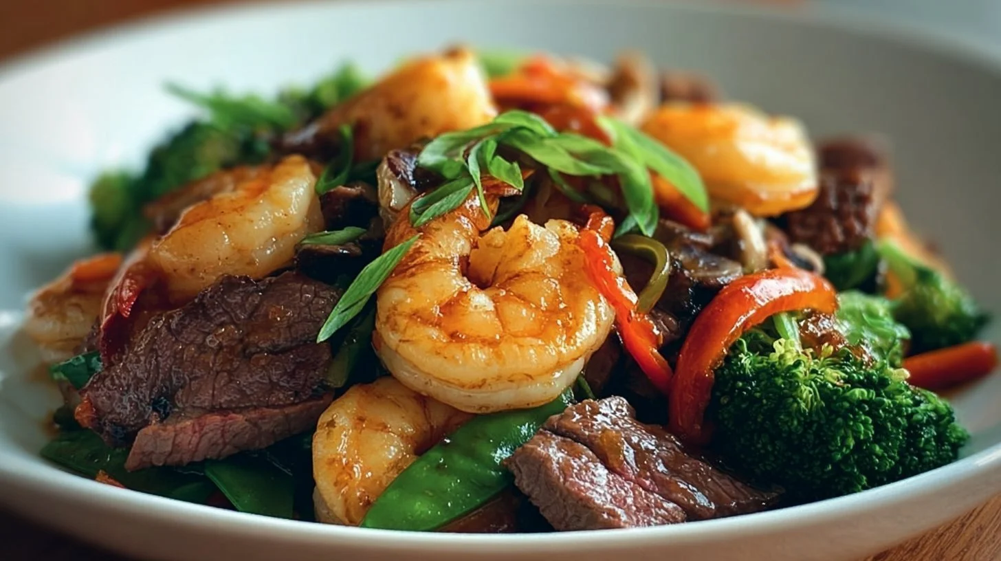 Delicious Steak and Shrimp Stir Fry in a colorful vegetable mix