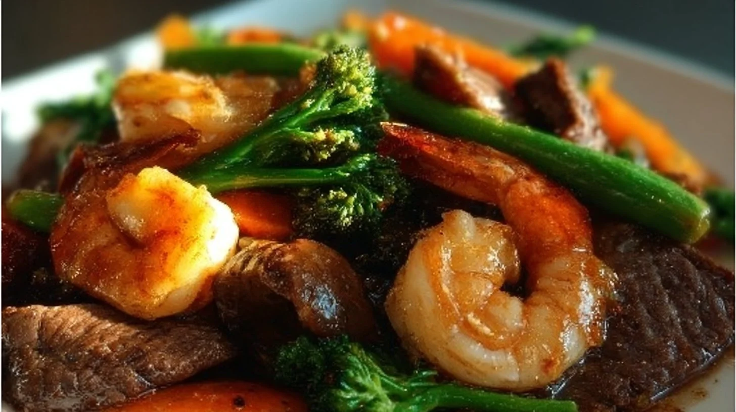 Delicious Steak and Shrimp stir fry served with colorful vegetables.