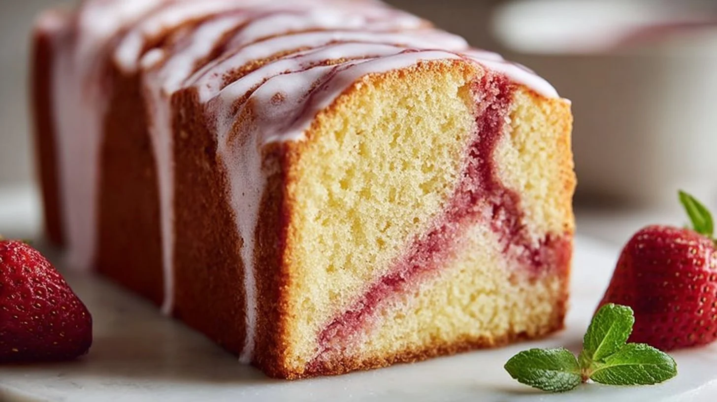 Slice of Strawberry Milkshake Pound Cake with strawberries on top