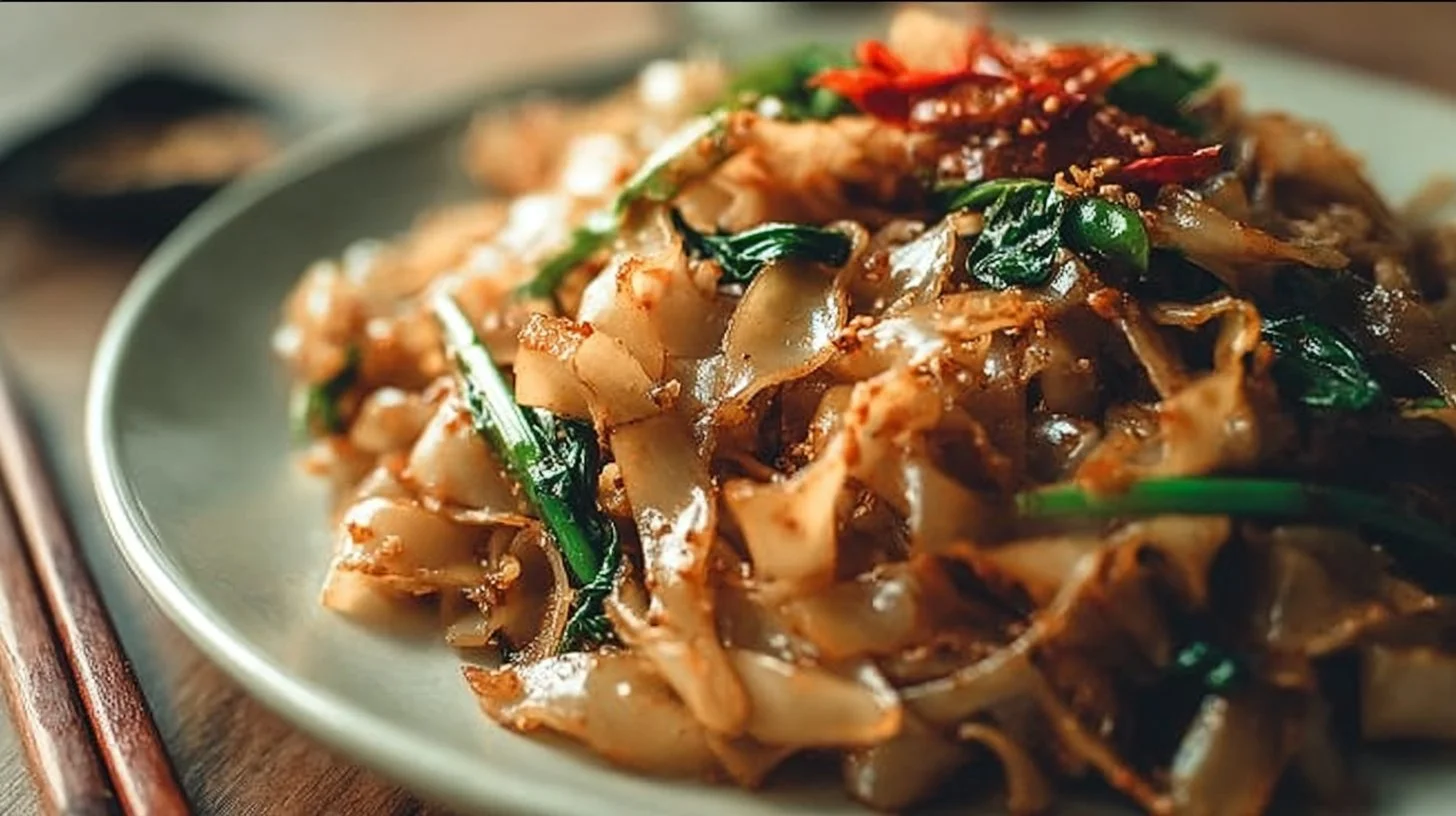 Plate of street style Thai Drunken Noodles with vegetables and spices