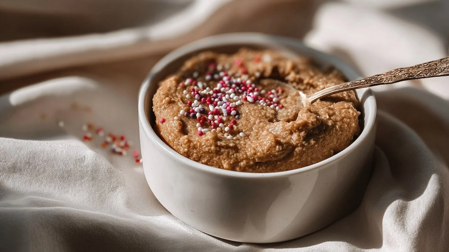 Bowl of sugar cookie protein baked oats topped with sprinkles and the cookie flavor