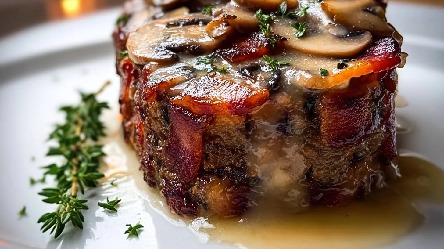 Swiss Bacon Mushroom Meatloaf with melted cheese and fresh herbs