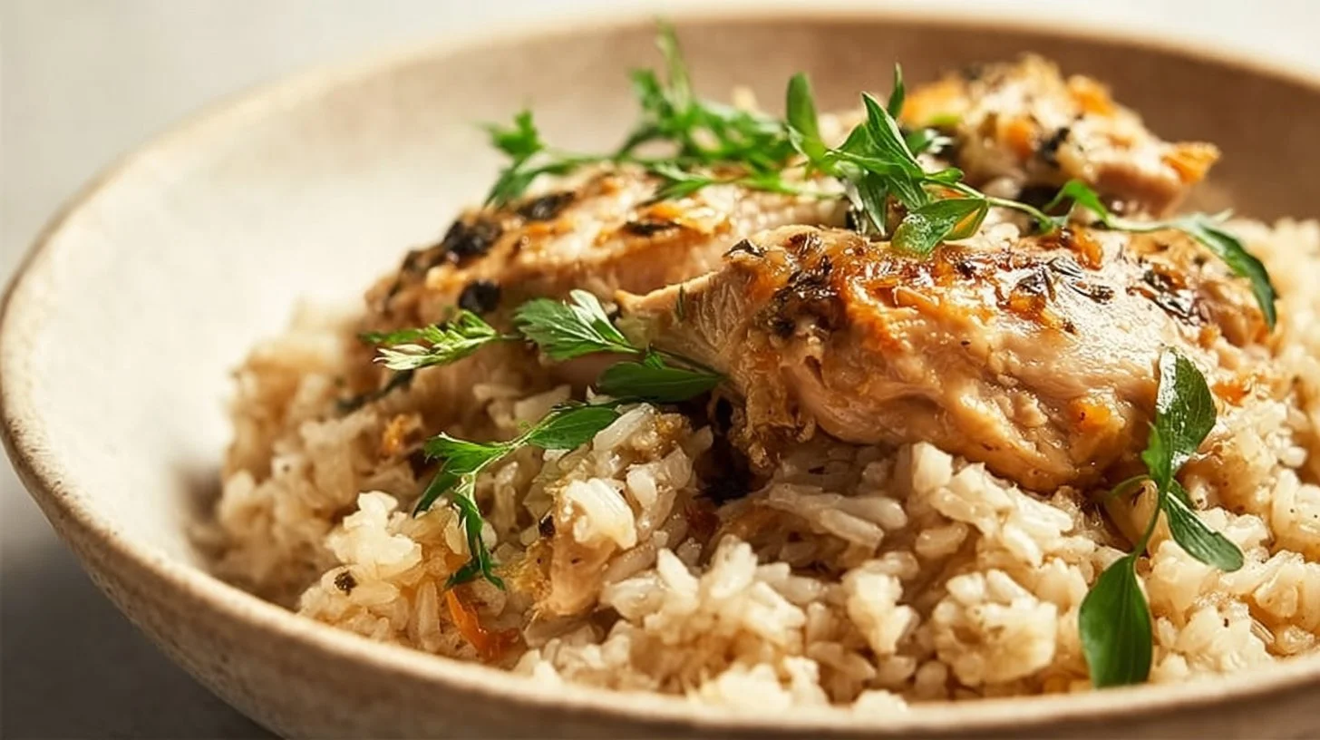 Tender slow cooker chicken and rice served in a bowl with vegetables
