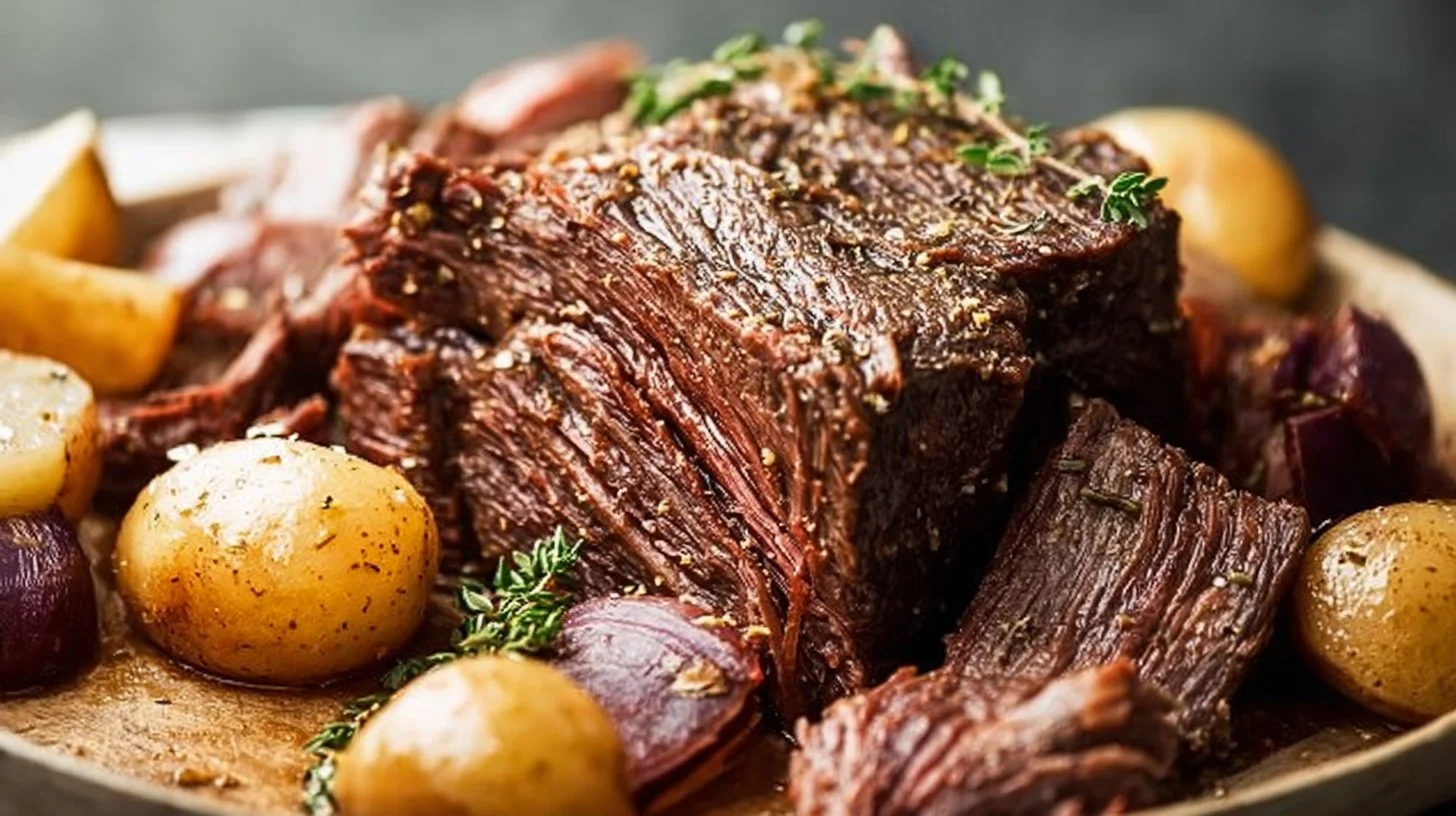 Tender slow cooker chuck roast served with vegetables in a bowl.