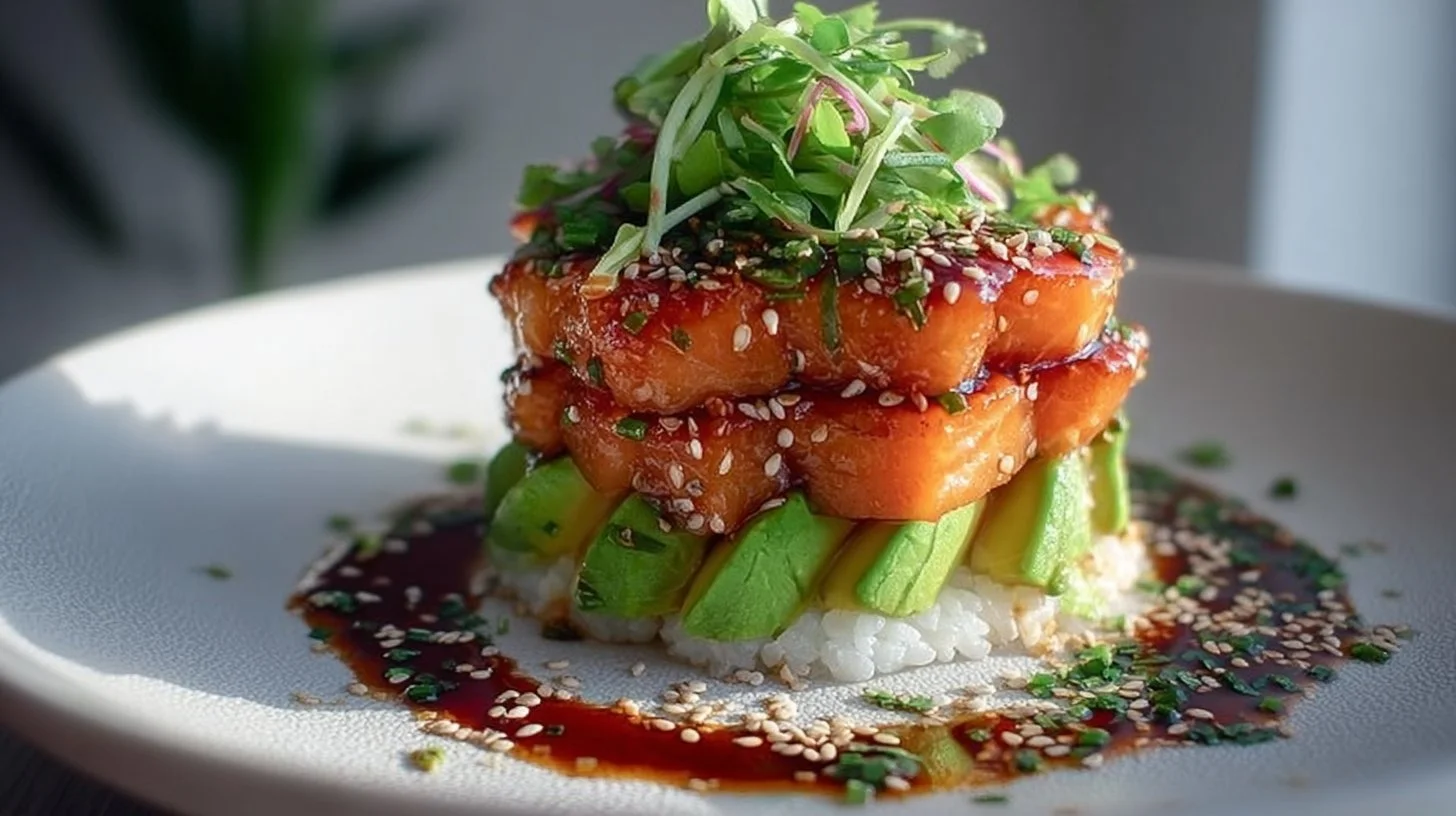 Teriyaki Salmon Avocado Stack with vibrant colors and fresh ingredients