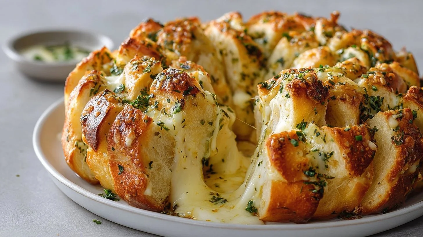 Tree-shaped pull apart garlic bread topped with mozzarella cheese