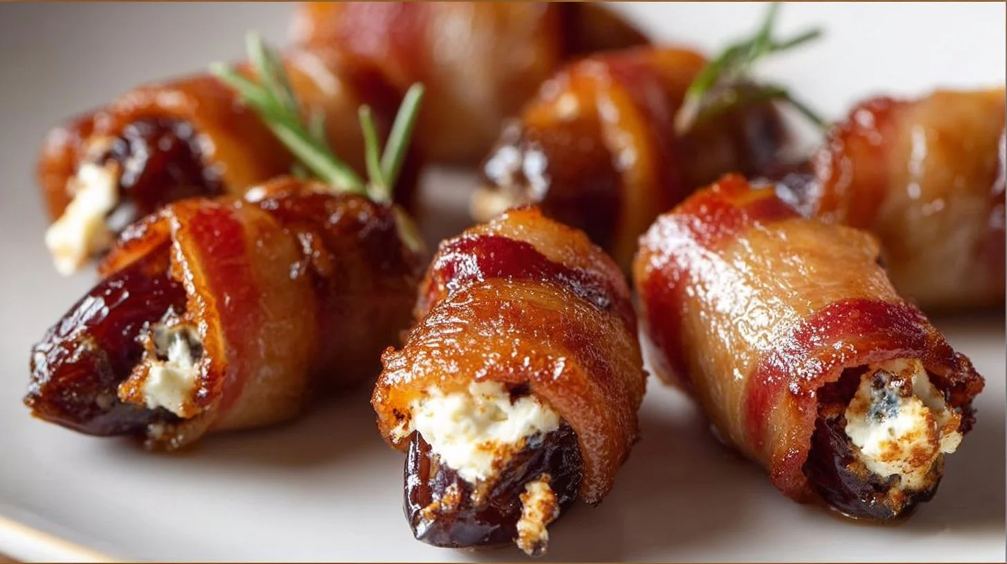 Turkey bacon wrapped dates stuffed with cream cheese on a serving platter