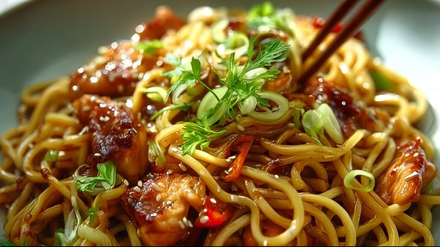 Delicious Sticky Garlic Chicken Noodles garnished with fresh herbs