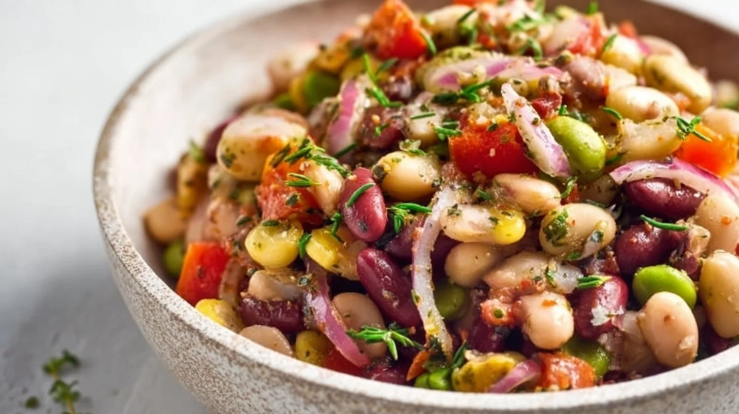 Colorful bean salad with fresh vegetables, perfect for meal prep and healthy eating.