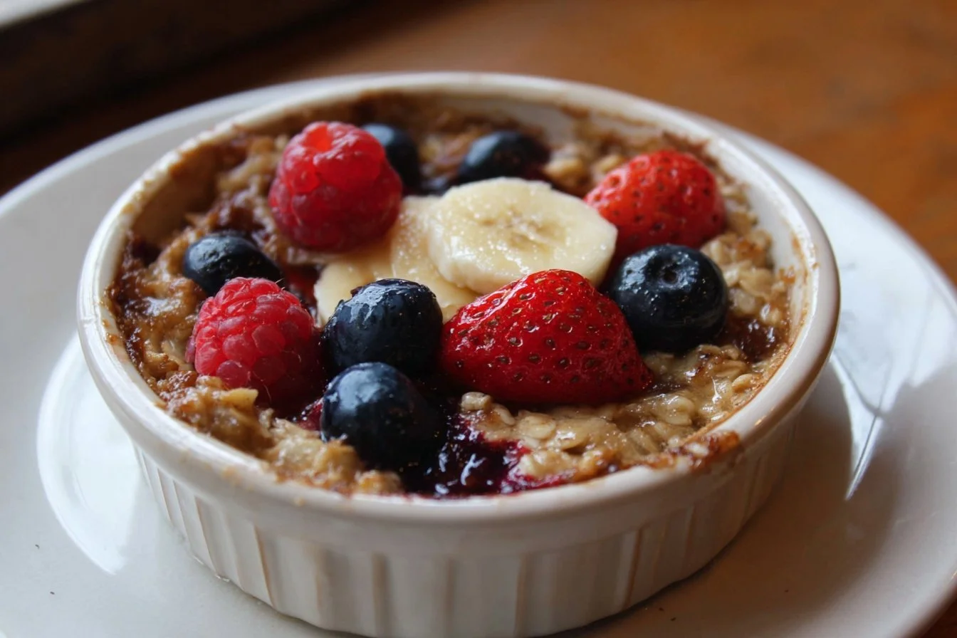 1 bowl baked oatmeal served in a colorful dish with fresh fruit and nuts