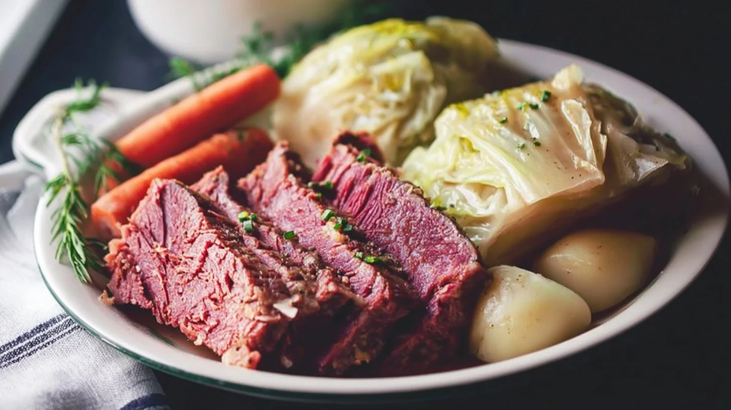 Slow Cooker Corned Beef with Cabbage and ingredients ready for cooking