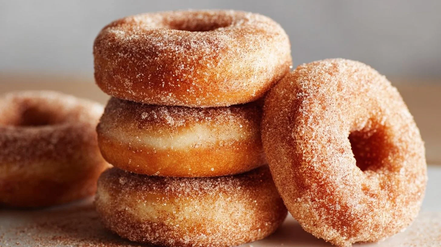 Baked cinnamon sugar donuts on a plate, dusted with sugar