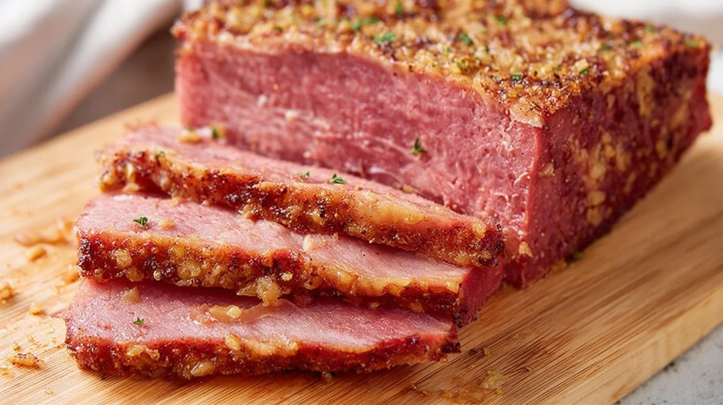 Juicy baked corned beef served with side dishes on a wooden table