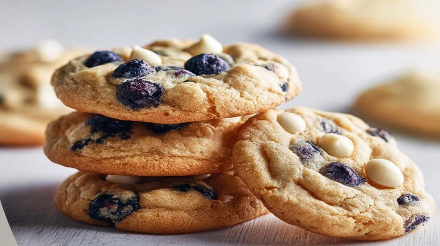 Bakery-style blueberry white chocolate chip cookies on a cooling rack