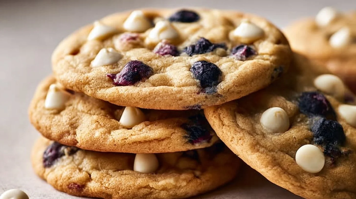 Bakery-style blueberry cookies with white chocolate chips on a cooling rack