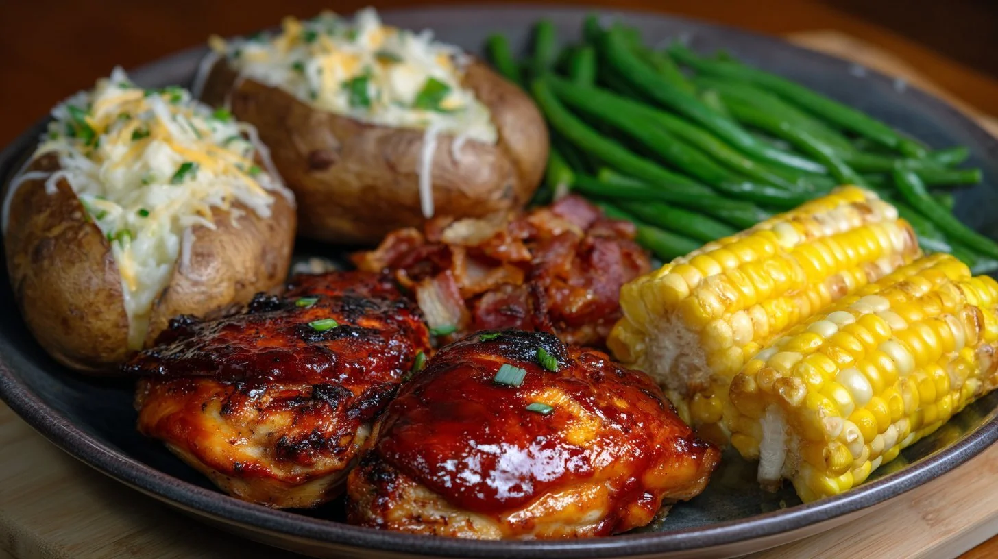 Plate of BBQ Grilled Chicken with loaded baked potatoes and sautéed green beans