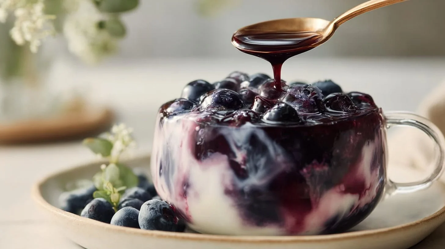 Blueberry coffee syrup bottle with a cup of coffee and blueberries