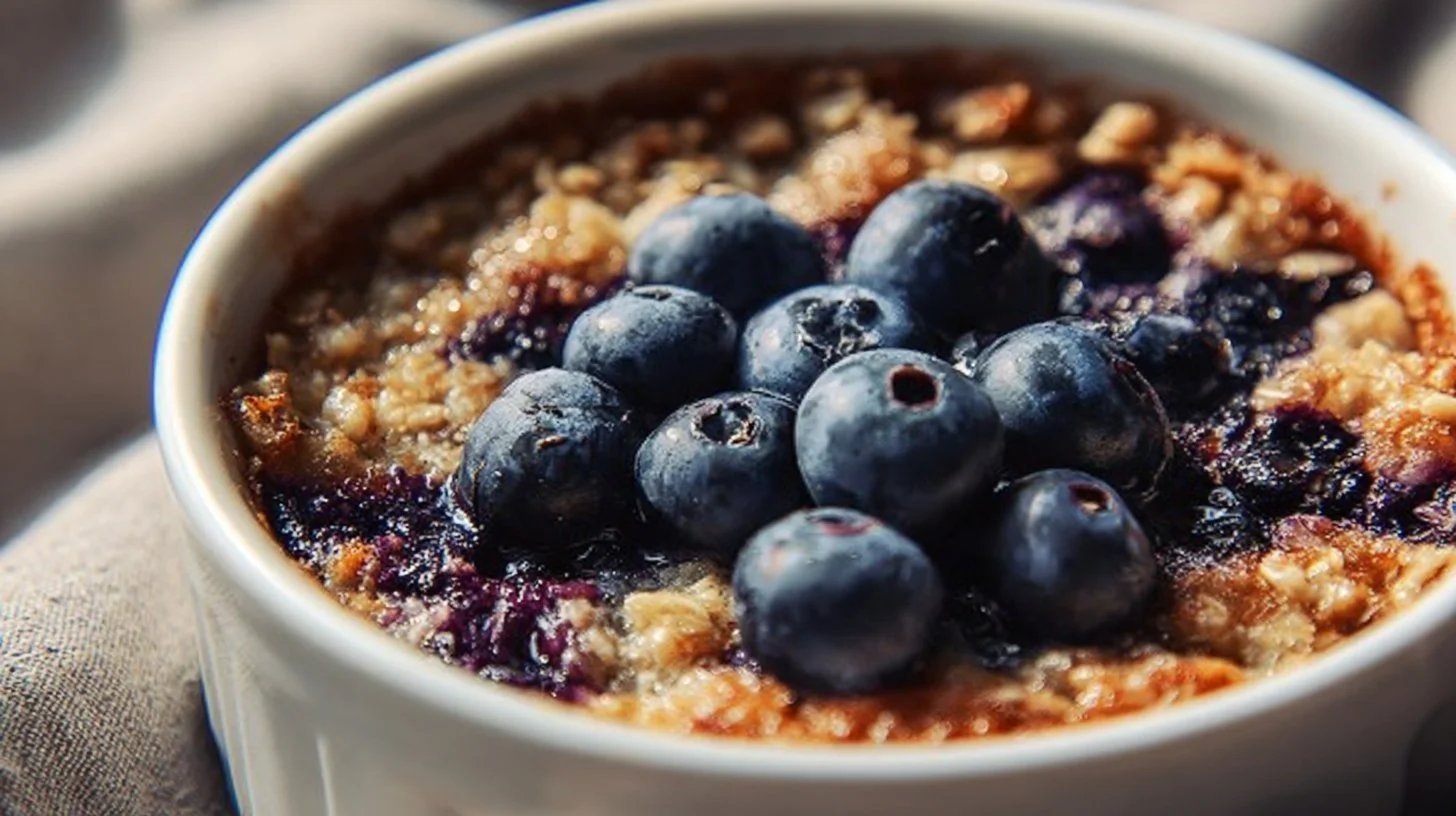 Delicious Blueberry Honey Baked Oatmeal topped with fresh blueberries and honey