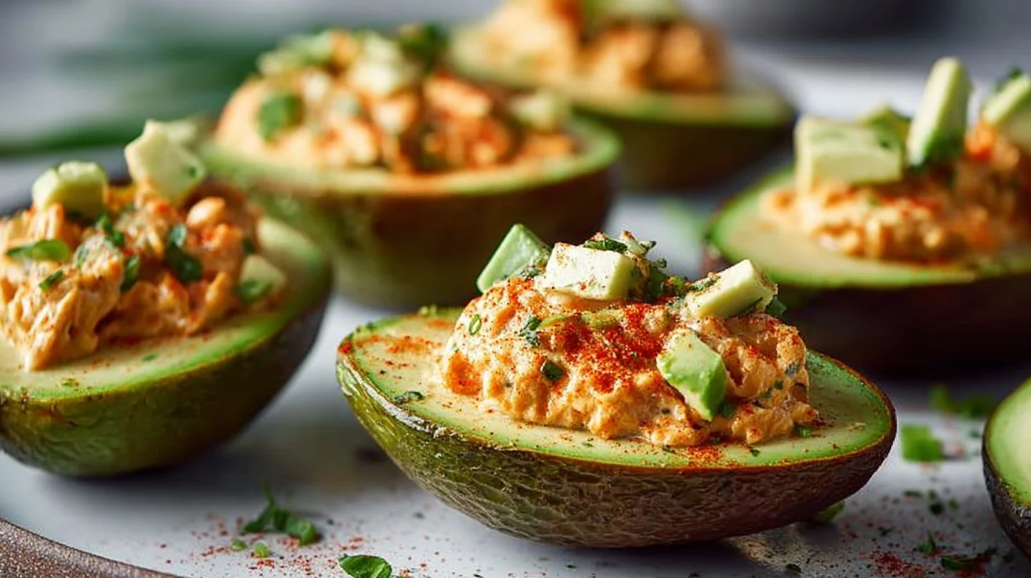 Buffalo Chicken Stuffed Avocados served on a plate, garnished for a healthy meal