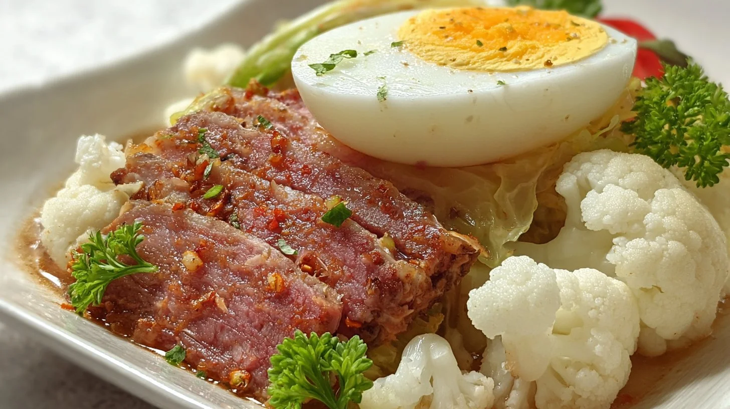 Cabbage and Corned Beef with Cauliflower served on a plate
