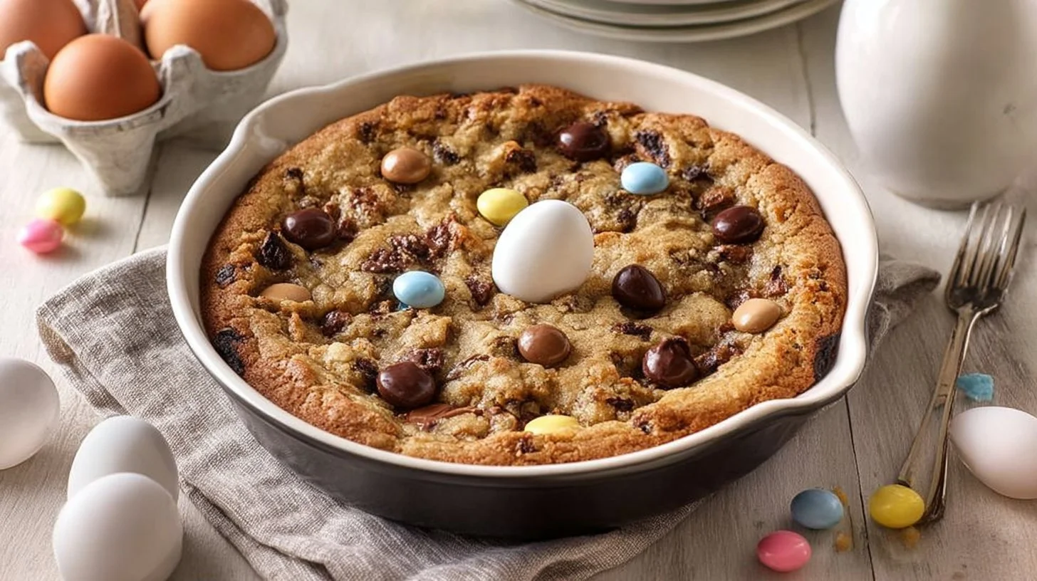 Delicious Cadbury Egg Pizookie served warm with chocolate drizzle