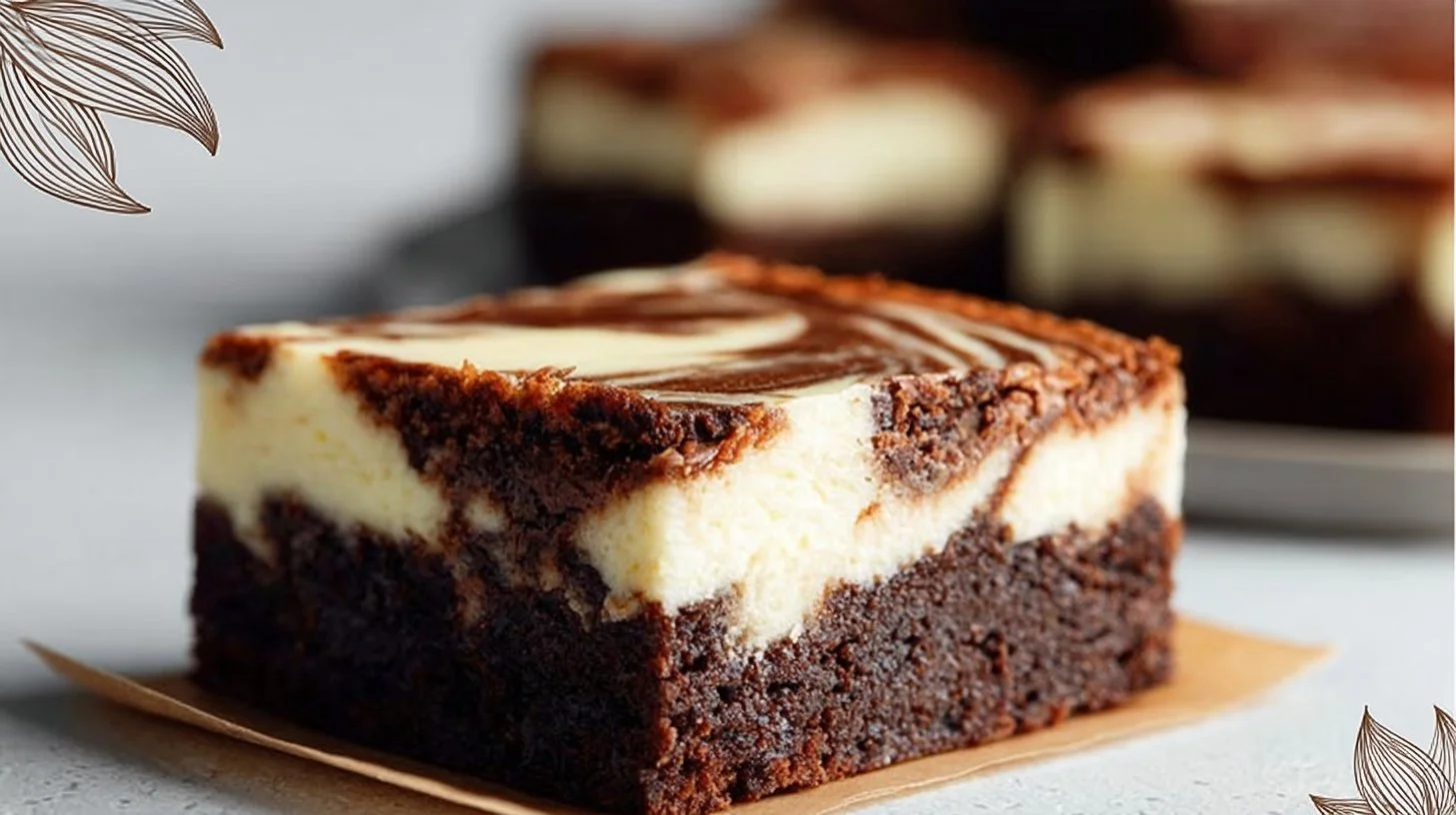 Delicious cheesecake brownies topped with creamy cheesecake swirl