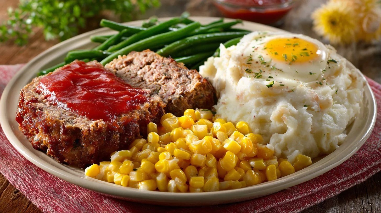 Cheesy meatloaf bake topped with creamy mashed potatoes in a baking dish.