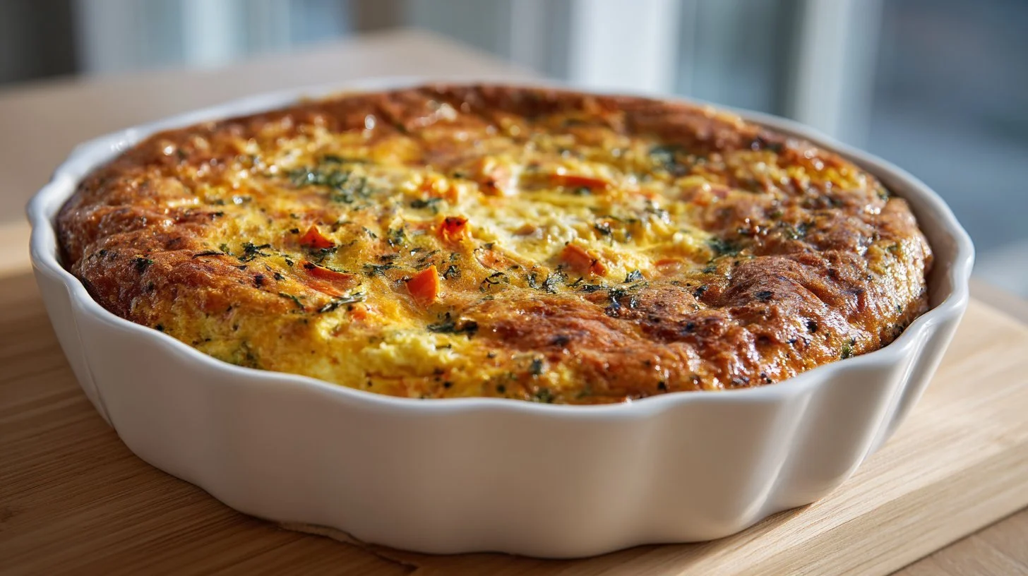 Cheesy vegetable and bacon quiche casserole served on a plate