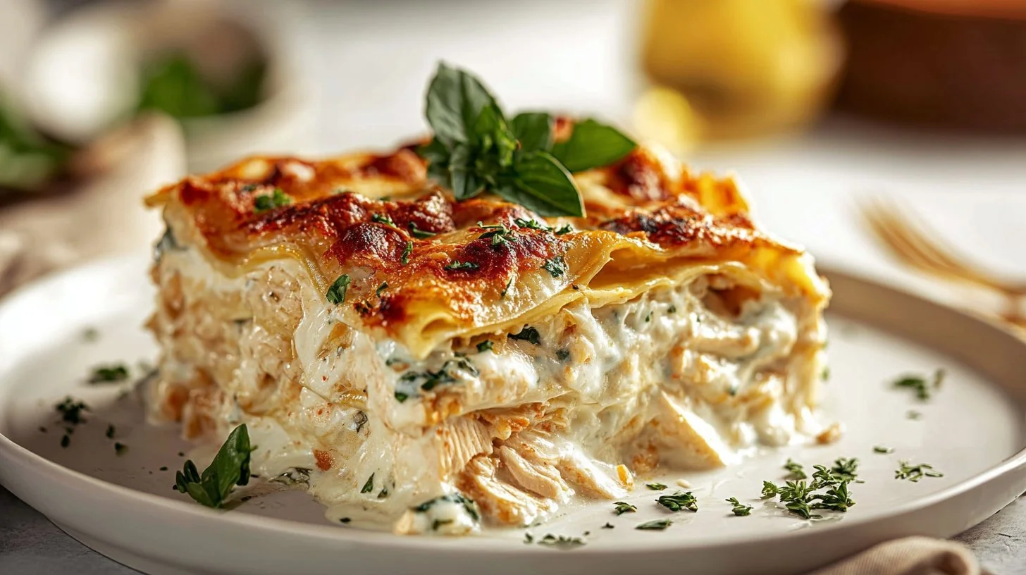 Delicious Chicken Alfredo Lasagna served in a creamy sauce