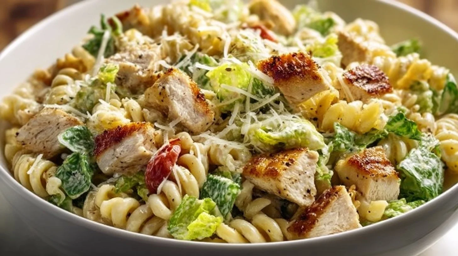 A bowl of Chicken Caesar Pasta Salad with grilled chicken, lettuce, and Caesar dressing.