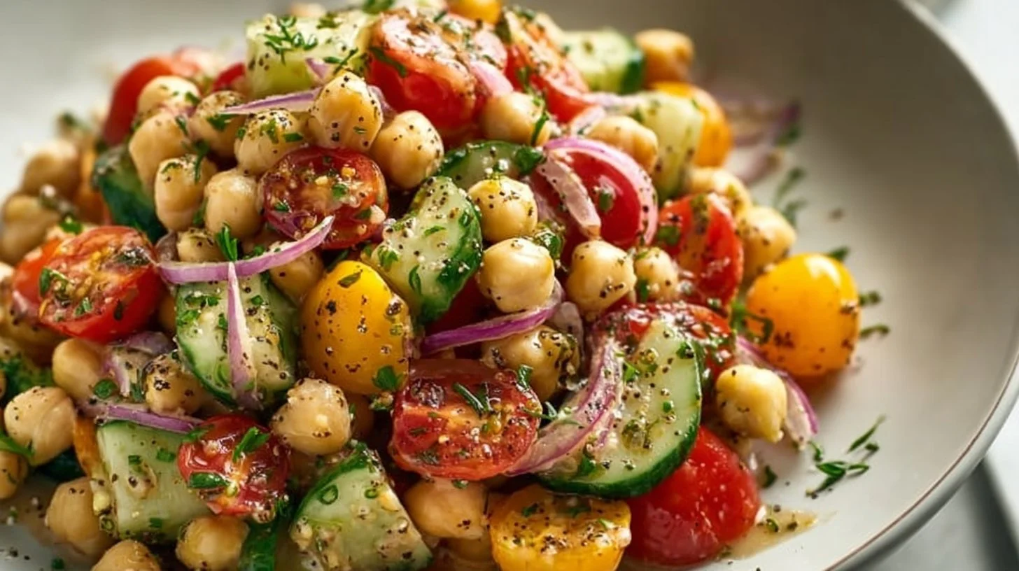 Colorful and fresh chickpea salad served in a bowl with vegetables