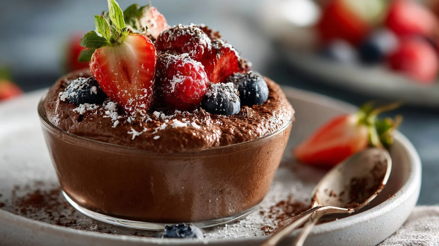 Chocolate Chia Protein Pudding in a bowl, topped with berries and nuts.