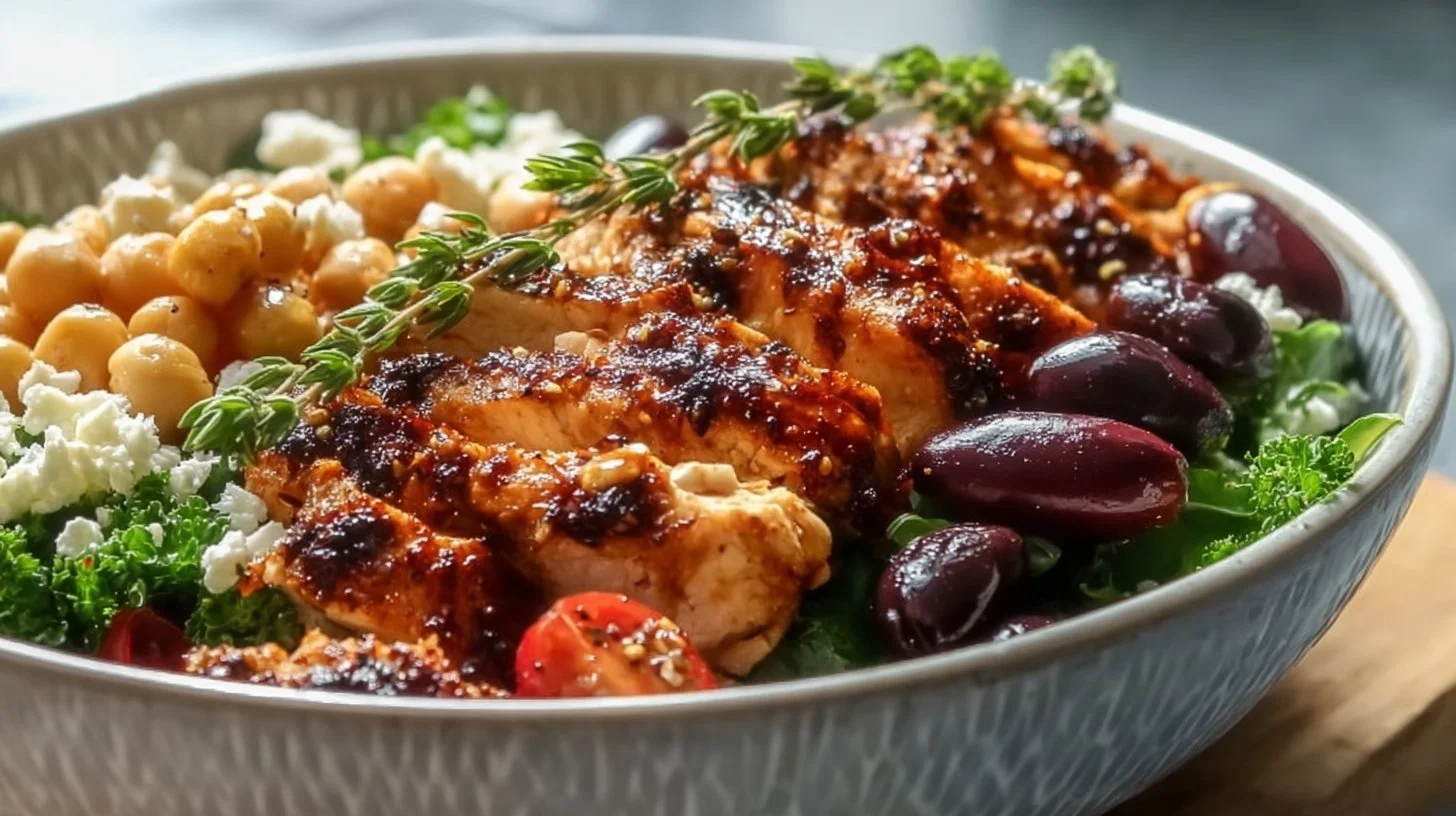 Colorful Mediterranean Chicken Bowl with fresh veggies and chicken for a healthy meal