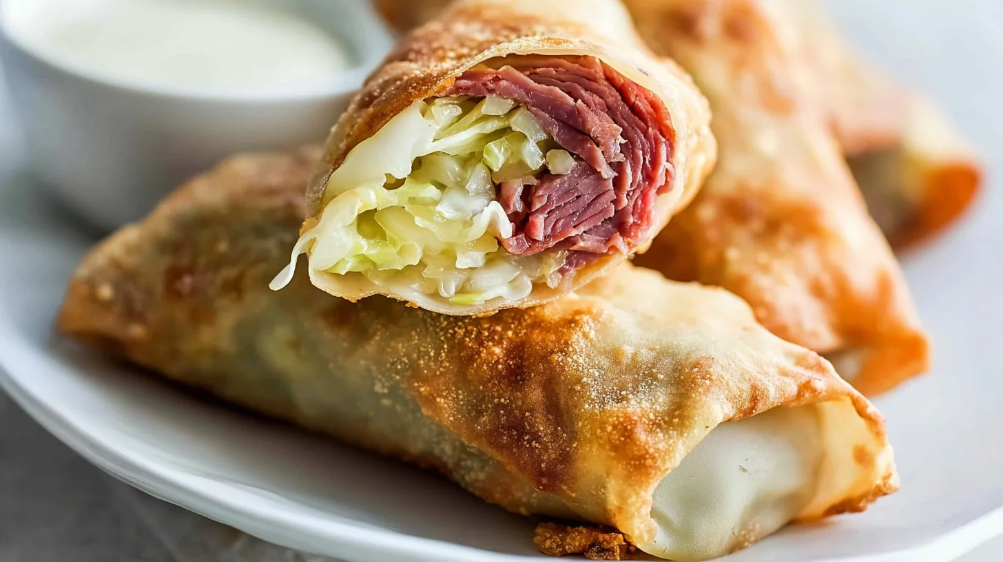 Corned beef and cabbage egg rolls garnished and ready to serve