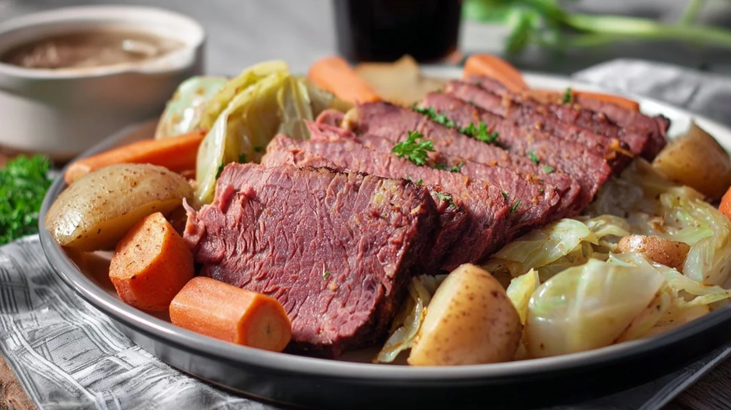 Delicious corned beef and cabbage dish cooked with Guinness