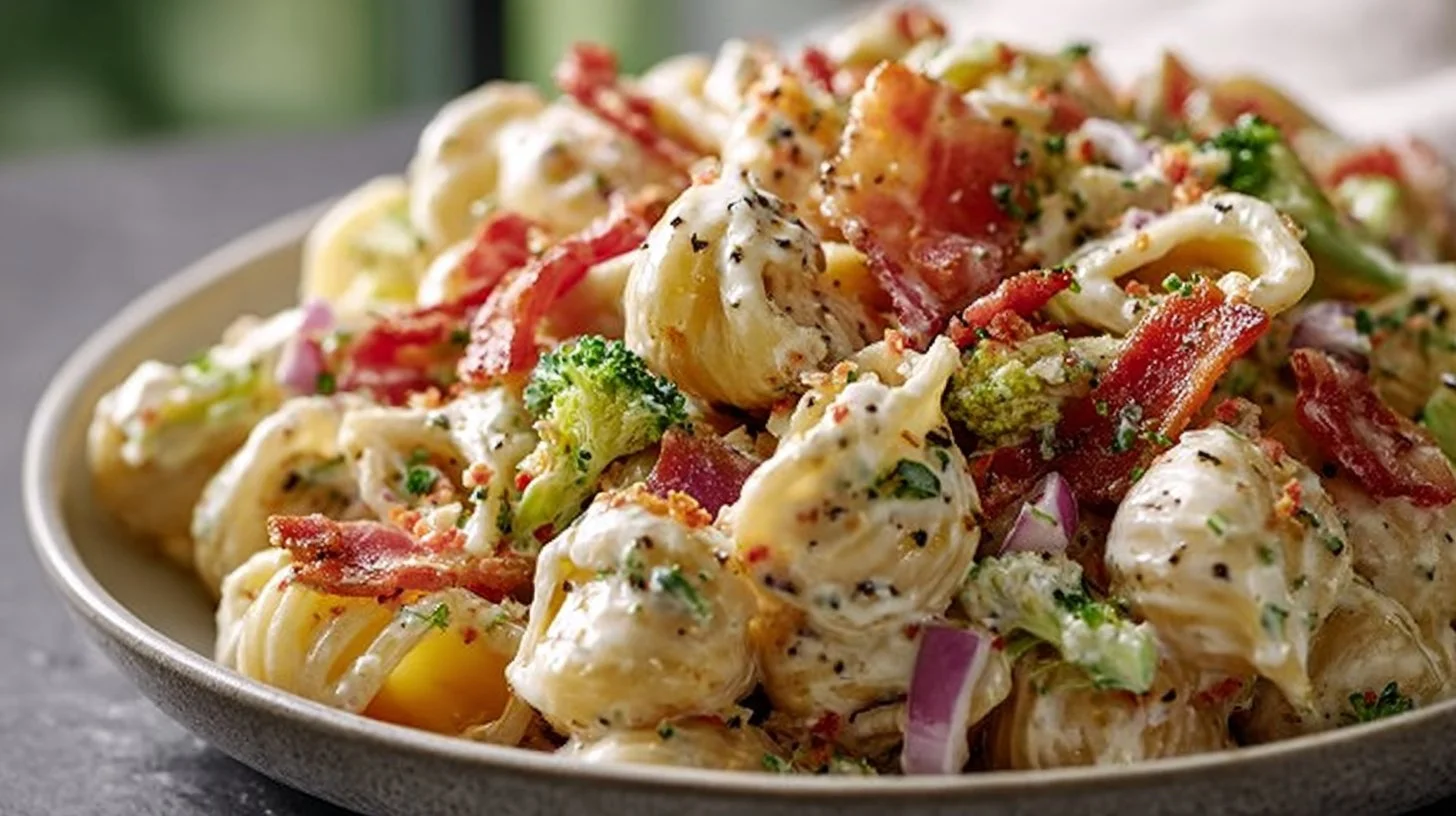 Creamy Bacon Cheddar Ranch Pasta Salad in a bowl garnished with herbs.