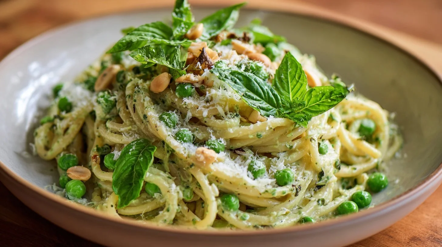 Creamy herb pesto pasta with peas served in a bowl garnished with fresh herbs