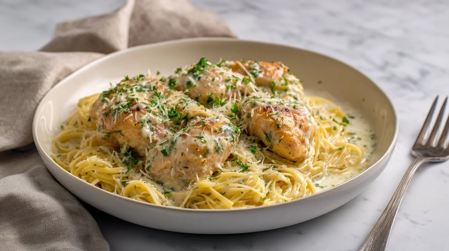 Creamy Italian chicken served with angel hair pasta for a family meal.