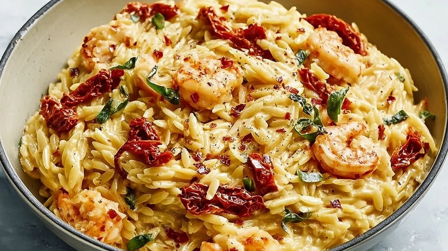 Creamy prawn orzo with sun-dried tomatoes in a skillet